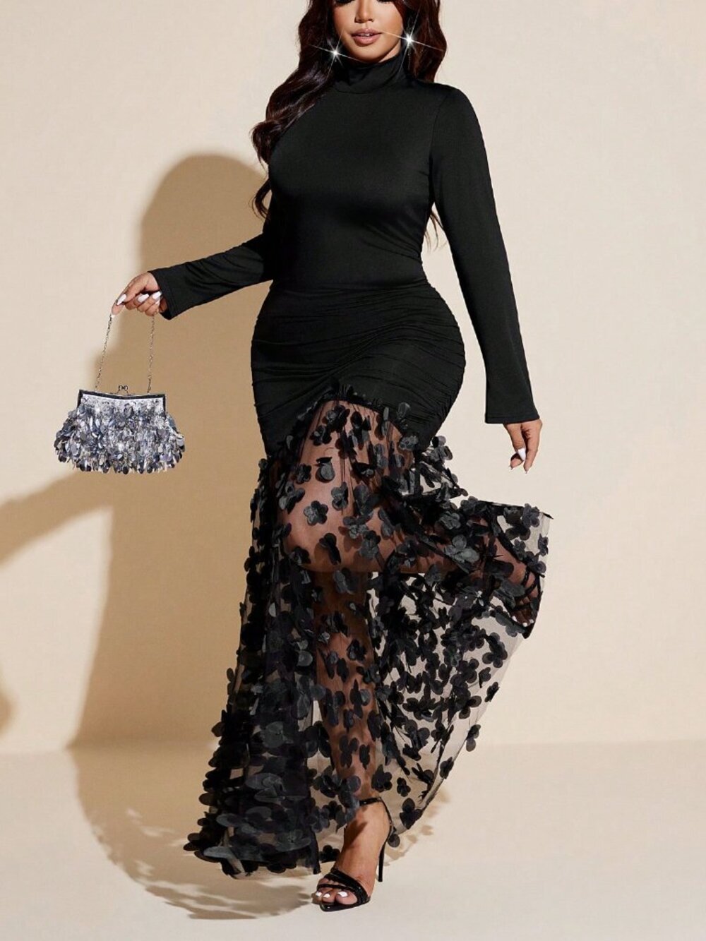 Women's Elegant Plus Size Bodycon Long Sleeves Mermaid Hem Maxi Dress - Picture 6 of 9